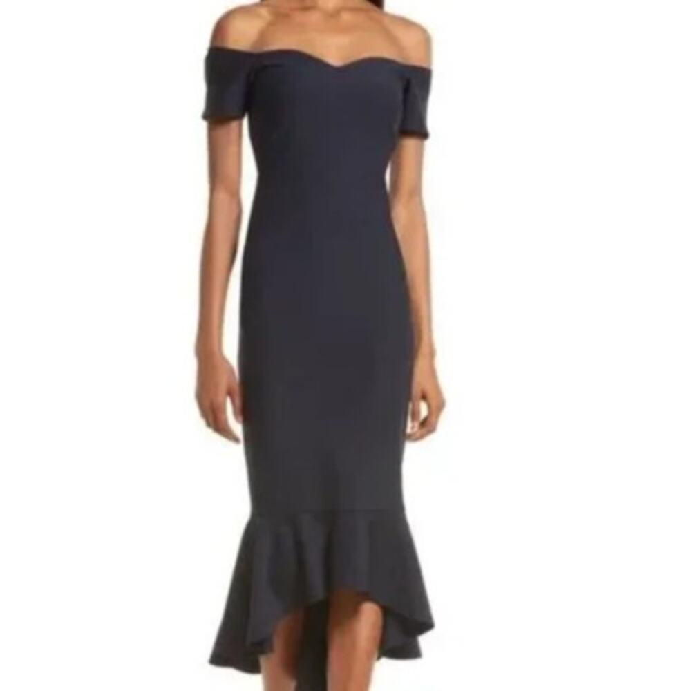 Lulus Navy Blue Ruffle High Low Off Shoulder Bodycon Mermaid Midi Dress Large
